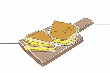 Kesme tahtasına iki ızgara peynirli sandviç çiziyorum. Bol erimiş peynir. Lezzetli. Lezzetli. Ulusal Kızarmış Peynirli Sandviç Günü. Devamlı çizgi tasarımı grafik çizimi