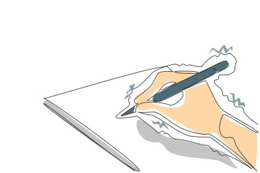 Tek bir satır, kağıda kalem kullanarak el yazısı çiziyor ve titriyor. Hareket bozukluğundan muzdarip. El yazısı düzgün ve okunması zor değildir. Devamlı çizgi tasarımı grafik çizimi