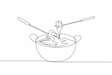 Peynir suyuna batırılmış yiyecekleri tavaya koymaya devam et. Kış geldiğinde İsviçre yemekleri. Atmosferi ısıtıyorum. Ulusal Peynir Fondü Günü. Tek çizgi çizimi tasarım vektör çizimi