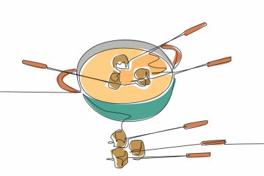 Sıvı peynir içeren tek bir çizim tavası. Sıcak peynire batırılmış ekmek dilimleri. Eşsiz ama yine de lezzetli bir yemek. Ulusal Peynir Fondü Günü. Devamlı çizgi tasarımı grafik çizimi