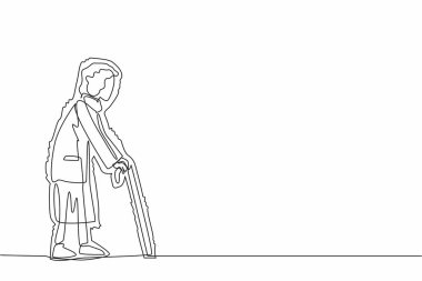 Tek sıra halinde sürekli çizen büyükanne bastonla yürüyor ve titriyor. Yürümek zor. Hastalıktan muzdarip. Beyindeki sinir hücrelerinin zarar görmesi ya da ölmesi. Bir çizgi tasarımı vektör illüstrasyonu