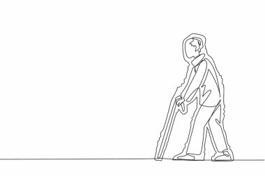 Tek sıra halinde dedem baston kullanarak yürüyor. Yürürken titriyor. Vücut durumunu dengelemekte zorlanıyorum. Sağlığı yerinde değil. Sinir sistemi yaşlanıyor. Bir çizgi tasarımı vektör illüstrasyonu