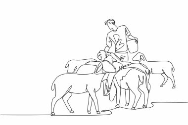 Erkek enerjik çiftçiyi çeken tek çizgi bir kovadan koyun sürüsüne yem oluyor. Çok itaatkar çiftlik hayvanları. Israrcı. Ulusal Çiftlik Hayvanları Günü. Devamlı çizgi tasarımı grafik çizimi