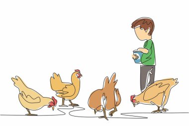 Küçük bir kova taşıyan ve tavuklara yemek serpiştiren bir çocuk çiziyor. Genç çiftçi. Erken yaştan öğreniyorum. Ulusal Çiftlik Hayvanları Günü. Devamlı çizgi tasarımı grafik çizimi
