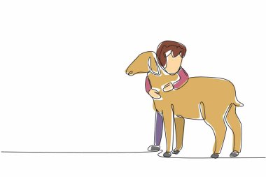 Tek sıra halinde küçük kızı koyunlara sarılıyor. Hepsi satıldı. Bırakmaya istekli değilim. Çocukluktan beri. Küçük çiftçi. Ulusal Çiftlik Hayvanları Günü. Devamlı çizgi tasarımı grafik çizimi