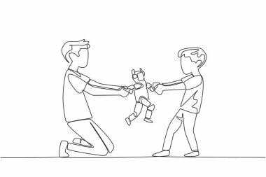 Sürekli bir çizgi halinde iki kardeş oyuncak bir robot için kavga ediyor. Çocuklarda sık rastlanan anlaşmazlıklar. Gereksiz haklar için savaşmak. Ulusal Kardeşler Günü. Tek çizgi çizimi tasarım vektör çizimi