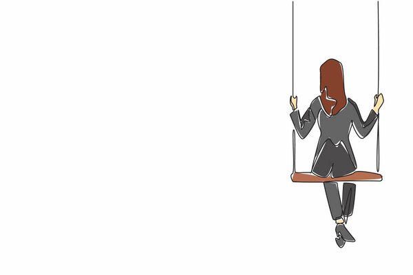 Single one line drawing businesswoman sitting pensively on swing. Elegant style with gloomy mood. Work relations arrested. Trying to find justice. Missing. Continuous line design graphic illustration