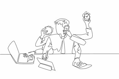 Altı eli olan tek sıra halinde bir işadamı. Her elin kendi meşguliyeti var. Zaman kazanmak için sabahları birden fazla iş. Verimlilik. Masaüstü Günü. Bir çizgi tasarımı vektör illüstrasyonu