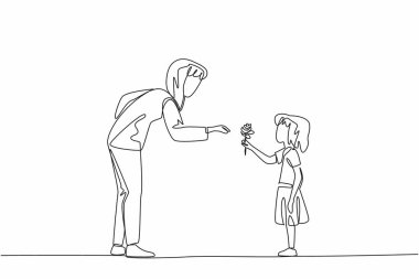 Bir kızın sürekli çizdiği tek çizgi annesine bir gül verir. Çiçekler vasıtasıyla büyük hizmetin için şükranlarımı sunarım. Anneme olan sevgimin bir işareti. Hayırlı işler günü. Bir çizgi tasarımı vektör illüstrasyonu