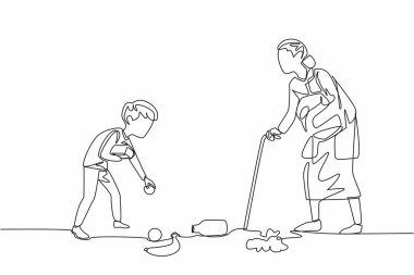 Single one line drawing a boy helps an old grandmother who is having trouble. Picking up groceries. Noble character. Role model. Helping. Good Deeds Day. Continuous line design graphic illustration clipart