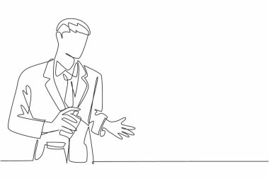 Tek sıra halinde bir işadamı avucunun içine parfüm sıkıyor. Çok göze çarpan erkeksi bir koku. Kendinden emin. Ulusal Parfüm Günü. Bir çizgi tasarımı vektör illüstrasyonu