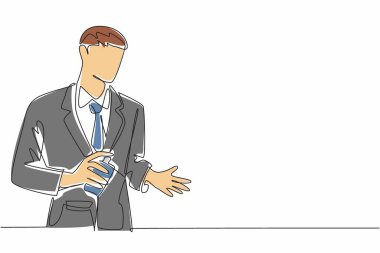 Tek sıra halinde bir işadamı avucunun içine parfüm sıkıyor. Çok göze çarpan erkeksi bir koku. Kendinden emin. Ulusal Parfüm Günü. Bir çizgi tasarımı vektör illüstrasyonu