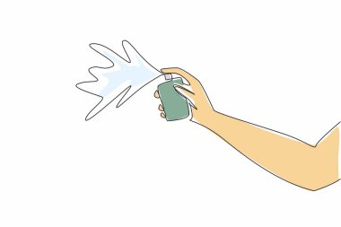 Tek sıra halinde el spreyi sıkıyor. Parfüm kokusunu tanımanın en iyi yolu. Sprey deliğini test ediyorum. Serinletici ahşap kokusu. Ulusal Parfüm Günü. Bir çizgi tasarımı vektör illüstrasyonu