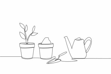 Tek sıra halinde bahçıvanlık araçları çiziyor. Daha temiz olmak için filtreleme faaliyetleri. Evi yeşillendirmek, sevgili toprağı yeşillendirmek. Doğa. Ulusal Bahçıvanlık Günü. Devamlı çizgi tasarımı grafik çizimi