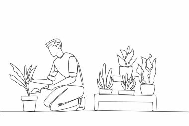 Kürekten toprak fışkırtırken, yerde diz çökmüş, günlük giysiler içinde tek sıra halinde bir adam çiziyor. Tam bir sabırla. Ulusal Bahçıvanlık Günü. Bir çizgi tasarımı vektör illüstrasyonu