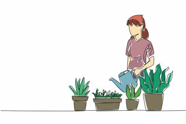Günlük kıyafetlerle bir kadını çizen tek çizgi bir saksı bitkisini sulama tenekesiyle sulamaktır. Günlük aktiviteler. Yeşilliği seviyor. Ulusal Bahçıvanlık Günü. Devamlı çizgi tasarımı grafik çizimi