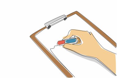 Single one line drawing hand is erasing writing on paper on clipboard with a rubber eraser. Delete unnecessary notes. Efficient. National Rubber Eraser Day. Continuous line design graphic illustration clipart