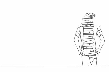 Kafasında bir yığın kitap taşıyan bir adamın çizdiği tek bir çizgi. Tamir edilmiş bir yığın kitap var. Okur yazarlığı arttır. Ulusal Kütüphane Günü. Devamlı çizgi tasarımı grafik çizimi