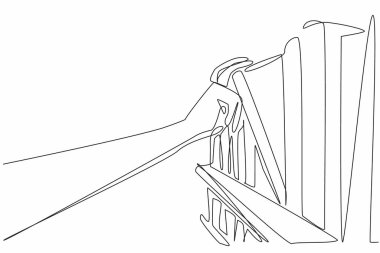 Tek çizgi çizen el kitaplarla dolu kitaplardan birini alır. Kütüphaneci görevini yerine getirir. Okuryazarlık. Ulusal Kütüphane Günü. Devamlı çizgi tasarımı grafik çizimi