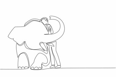 Single one line drawing man in casual clothes standing while hugging sitting elephant. Zookeeper. Taking care of animals with care. Save The Elephant Day. Continuous line design graphic illustration clipart