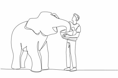 Single continuous line drawing man stands and carries basket of food in front of a baby elephant. Love by giving healthy food. Stroking head. Save The Elephant Day. One line design vector illustration clipart