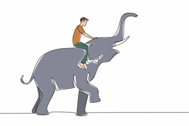 Continuous one line drawing a man sitting on standing elephant. Riding elephant to be taken back to the enclosure. Grooming routine. Save The Elephant Day. Single line draw design vector illustration clipart