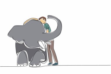 Single one line drawing man in casual clothes standing while hugging sitting elephant. Zookeeper. Taking care of animals with care. Save The Elephant Day. Continuous line design graphic illustration clipart