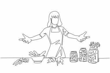 Tek sıra halinde önlük giymiş bir kadın ve bitkisel bitkiler içeren bir kase bitki uzmanı. Bitkileri besleyici bir içeceğe karıştırmak. Şifalı bitkiler günü. Devamlı çizgi tasarımı grafik çizimi