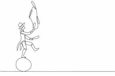 Tek sıra halinde, hokkabazlık yapan erkek hokkabazları büyük lastik bir top üzerinde oynuyorlar. Cesur ve harika bir hareket. Seyirciyi şaşırt. Uluslararası Hokkabazlar Günü. Devamlı çizgi tasarımı grafik çizimi