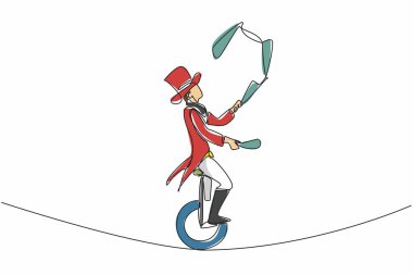 Tek sıra halinde, tek tekerlekli bisiklet ve iple hokkabazlık yapan erkek hokkabazlar çiziyor. Deneyimli bir profesyonel. Büyük denge. Uluslararası Hokkabazlar Günü. Devamlı çizgi tasarımı grafik çizimi