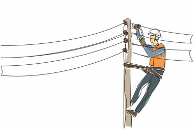 Çizgi hakemi elektrik kablosunu tamir ediyor. Kişisel güvenliğiniz için dikkatli çalışın. Profesyonel işçi. Ulusal Çizgi Adam Takdir Günü. Devamlı çizgi tasarımı grafik çizimi