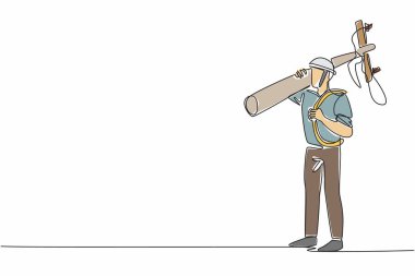 Tek sıra halinde çizgi çizen adam elektrik direğini ve kablo makarasını kaldırıyor. Elektrik kabloları için doğru kurulum noktasını bulur. Ulusal Çizgi Adam Takdir Günü. Bir çizgi tasarımı vektör illüstrasyonu