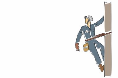 Tek sıra halinde çizgici tırmanıyor ve tek eliyle elektrik direğini tutuyor. Elektrik şebekesinin bakımını yapıyorum. Ulusal Çizgi Adam Takdir Günü. Bir çizgi tasarımı vektör illüstrasyonu