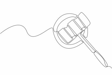 Tahta bir mindere yerleştirilmiş tek bir çizgili çekiç. Açık artırma hala kapalı, hazırlanmayı bekliyor. Ulusal Müzayedeciler Günü. Devamlı çizgi tasarımı grafik çizimi