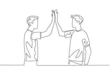 Tek sıra halinde, sıradan giyinmiş iki adam beşlik çakıyor. İki arkadaş tekrar bir araya geldi. Dostluğumuzun en içten selamları. Ulusal Çak Beşlik Günü. Tek çizgi çizimi tasarım vektör çizimi