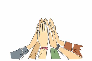 Tek sıra halinde bir kaç el çakarak beşlik çakıyor. Sağlam takım çalışması. Birbirimize destek oluyoruz. Cesaret verici. Ortak zaferin sembolü. Ulusal Çak Beşlik Günü. Bir çizgi tasarımı vektör illüstrasyonu