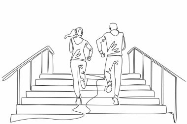 Single continuous line drawing young couples ran up the stairs together. Burn fat and calories in body in large quantities. Cardio exercise. National Exercise Day. One line design vector illustration clipart