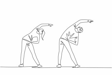 Tek sıra halinde koşan ceketlerle egzersiz yapan genç çiftleri çekiyor. Kalori yakmak gittikçe hızlanıyor. Sağlıklı aktiviteler. Ulusal Tatbikat Günü. Bir çizgi tasarımı vektör illüstrasyonu