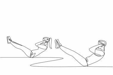 Tek sıra halinde, evde egzersiz yapan genç bir çift. Sağlam olması için karın kaslarını çalıştırın. Dik otur. Karın kaslarını şekillendirmek için. Ulusal Tatbikat Günü. Devamlı çizgi tasarımı grafik çizimi