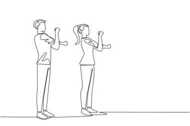 Sürekli bir çizgi halinde çift ısınma hareketleri yapıyor. Spor yaparken kazalardan kaçınmak için hareketler gerekliydi. Birlikte sağlıklıydık. Ulusal Tatbikat Günü. Tek çizgi çizimi tasarım vektör çizimi