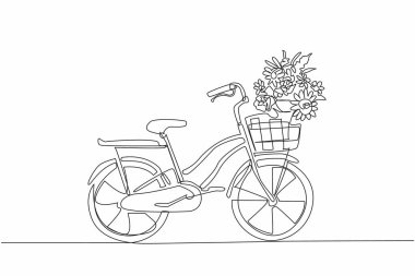 Önünde çiçek ve yapraklarla dolu bir sepet olan tek sıra halinde mini bisiklet çiziyor. Bisikletler doğaya zarar vermez. Doğayı yeşil tutmak. Bisiklet Günü. Bir çizgi tasarımı vektör illüstrasyonu