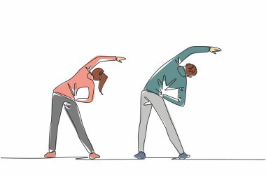 Tek sıra halinde koşan ceketlerle egzersiz yapan genç çiftleri çekiyor. Kalori yakmak gittikçe hızlanıyor. Sağlıklı aktiviteler. Ulusal Tatbikat Günü. Bir çizgi tasarımı vektör illüstrasyonu