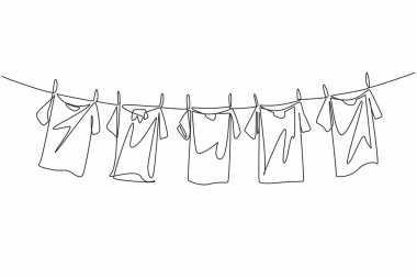 Tek sıra halinde, çamaşır ipinde 5 renkli tişört kuruyor. Kuruduğu zaman sabaha parlaklığı ekliyorum. Çamaşır. Ulusal Takılma Günü. Devamlı çizgi tasarımı grafik çizimi