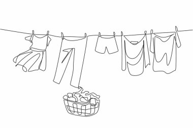 Kurutulması gereken çamaşır yığınlarıyla dolu tek sıra çizim sepeti. Güneş kavurucu, giysileri kurutmak için iyi. Ulusal Takılma Günü. Devamlı çizgi tasarımı grafik çizimi
