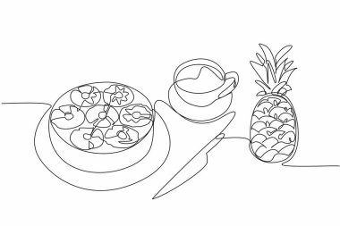 Tek sıra halinde, bir tabağa ananaslı kek çiziyor. Klasik bir restoranda tam bir tatlı. Sakinleştirici. Ananas ters çevrilmiş kek. Bir çizgi tasarımı vektör illüstrasyonu