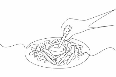 Tek sıra halinde patates kızartmasını küçük bir kase peynir sosuna batırıyor. Mükemmel kombinasyon. Çifte zevk. Lezzetli. Ulusal Çedar Kızartma Günü. Bir çizgi tasarımı vektör illüstrasyonu