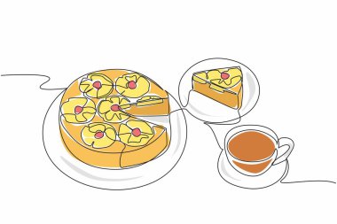 Tek bir çizgi, ananaslı pastayı yuvarlak şeklinde küçük parçalara ayırıyor. En kolay servis. Sakinlik. Keyif. Ananas ters çevrilmiş kek. Devamlı çizgi tasarımı grafik çizimi