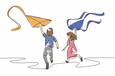 Bir kız ve bir erkek uçurtma tutarken koşmaya devam ediyorlar. Dekoratif uçurtmalar uçurulmaya hazır. Birlikte oynuyoruz. Tatil günü. Uçurtma Günü uçur. Tek çizgi çizimi tasarım vektör çizimi