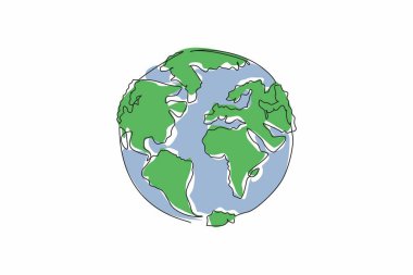 Adaları ağaç yapraklarından oluşan bir küre çizen tek bir çizgi. Dünyanın sembolizmi kirliliği ortadan kaldırmak için yapraklar gerektiriyor. Yeşile git. Dünya Günü. Devamlı çizgi tasarımı grafik çizimi