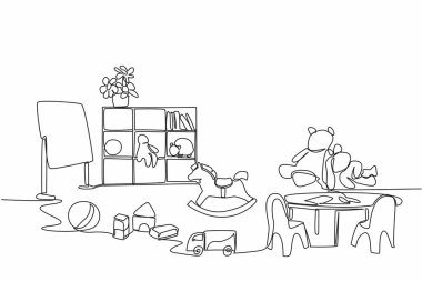 Tek sıra halinde anaokulunu çiziyor. Çocuklar için çeşitli öğrenme ihtiyaçlarıyla donatılmış. Zekanı keskinleştir. Ulusal Anaokulu Günü. Bir çizgi tasarımı vektör illüstrasyonu